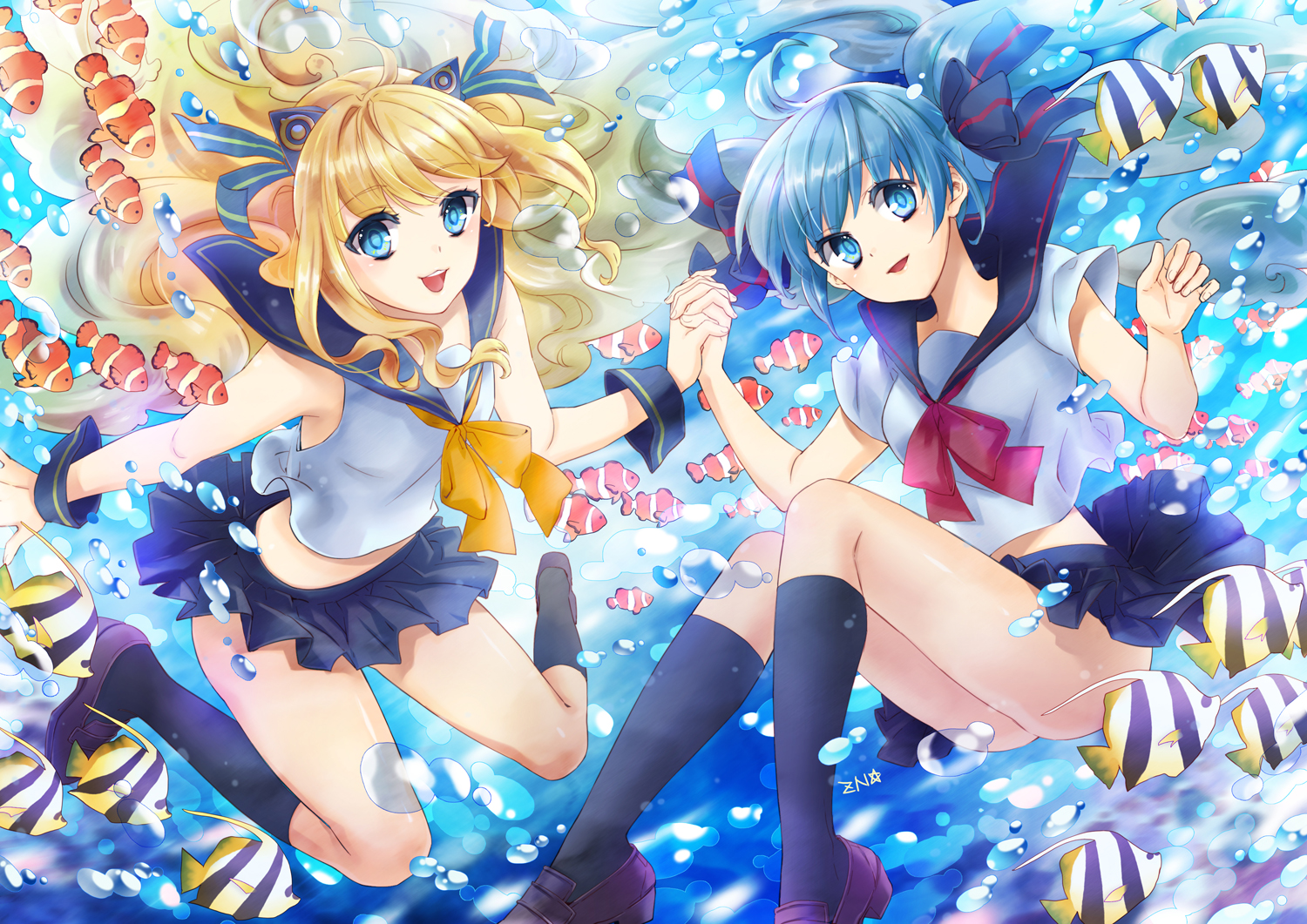 2girls, animal, bubbles, fish, hatsune_miku, kneehighs, school_uniform, seeu