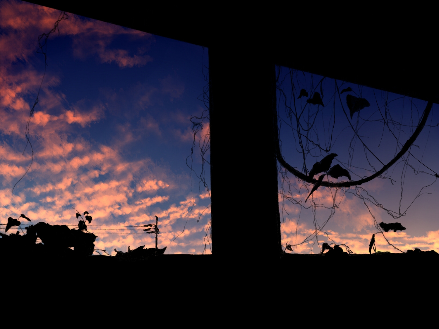 clouds, dark, kibunya_39, leaves, no_humans, original, scenic, silhouette