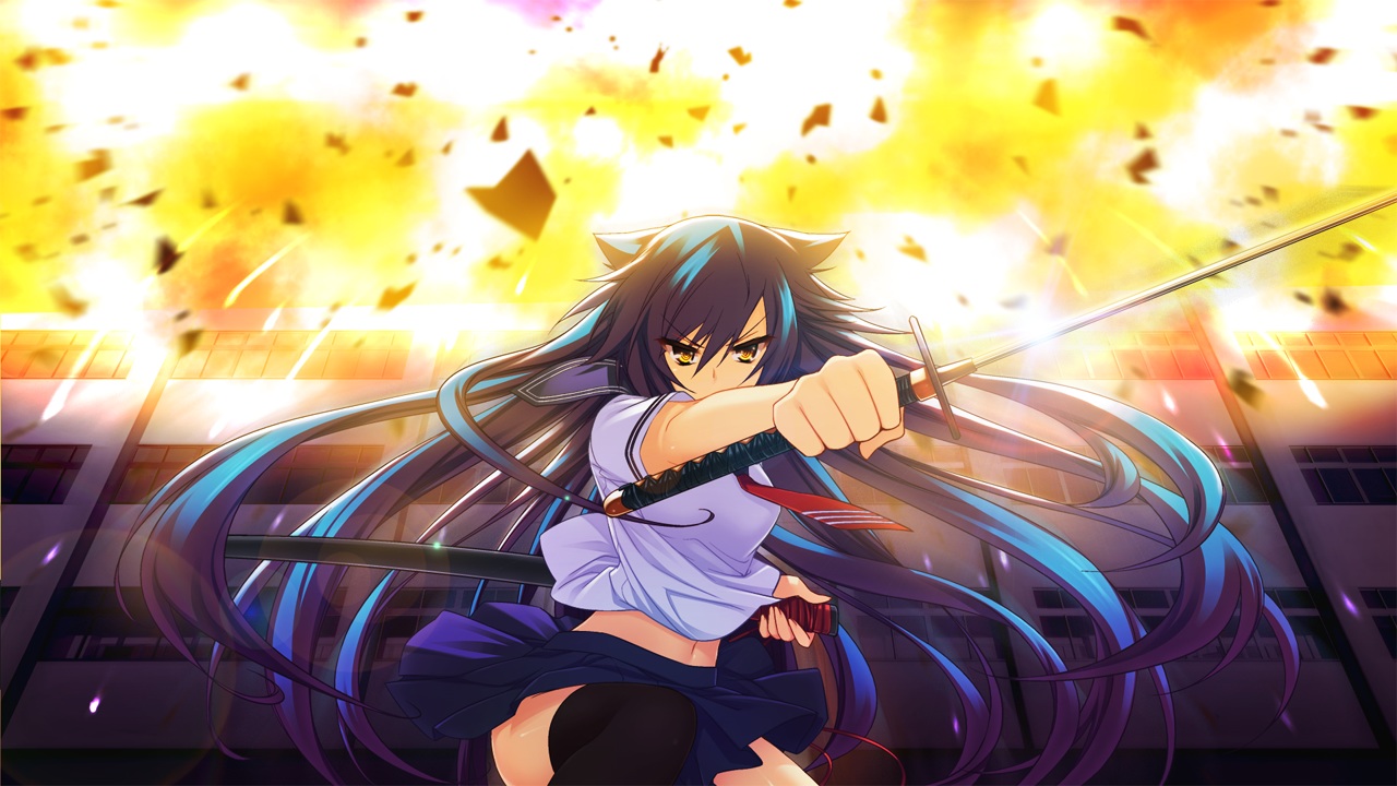 amagai_yukino, blue_hair, candysoft, game_cg, haga_neko, katana, long_hair, navel
