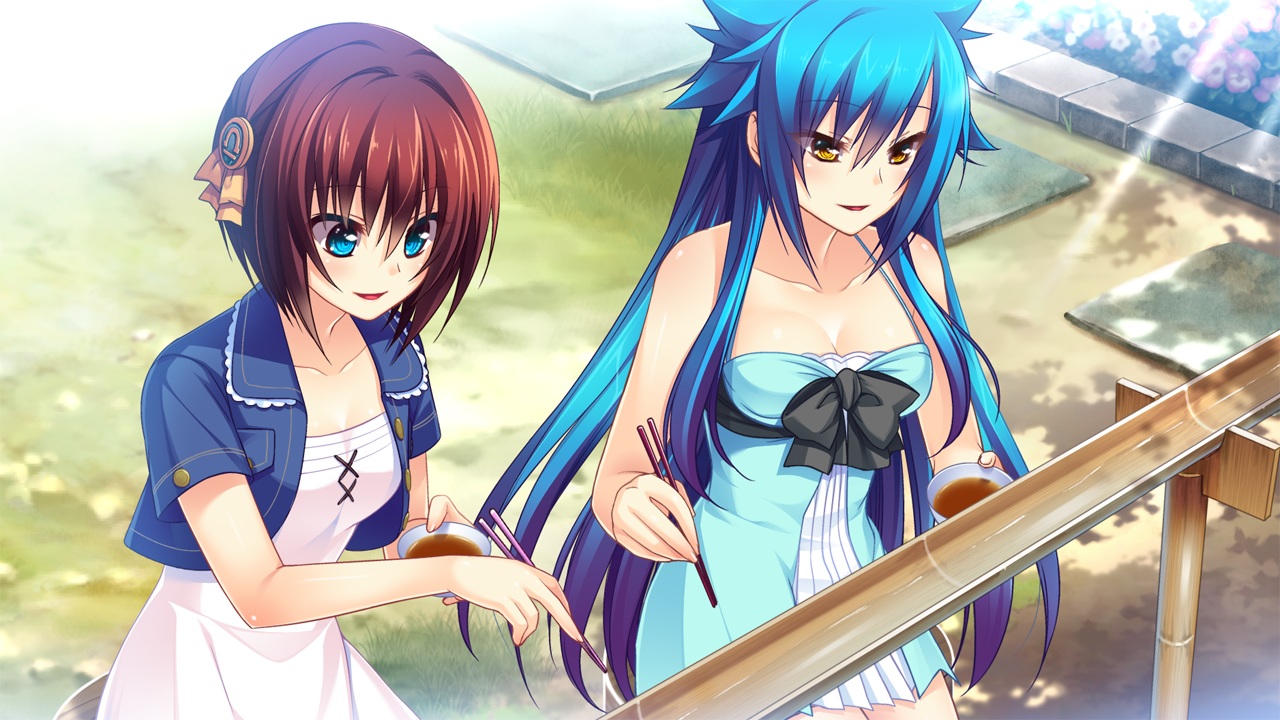 2girls, amagai_yukino, blue_eyes, blue_hair, brown_hair, candysoft, dress, game_cg