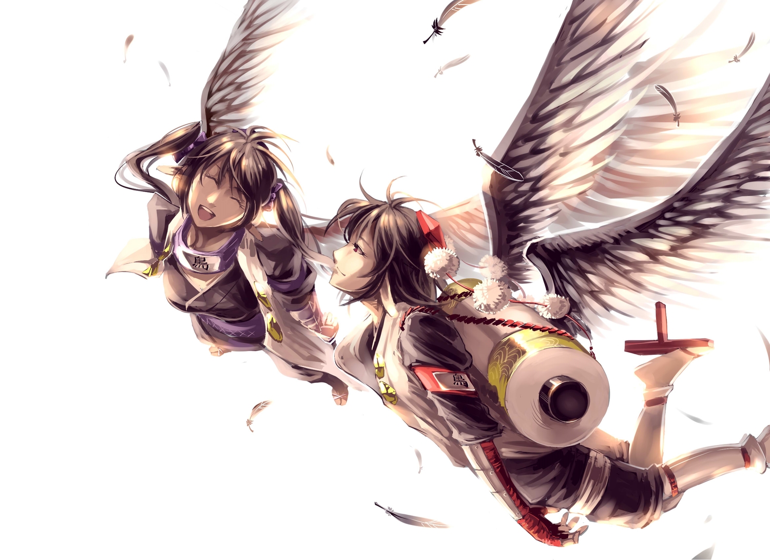 2girls, black_hair, brown_hair, feathers, hat, headband, himekaidou_hatate, long_hair