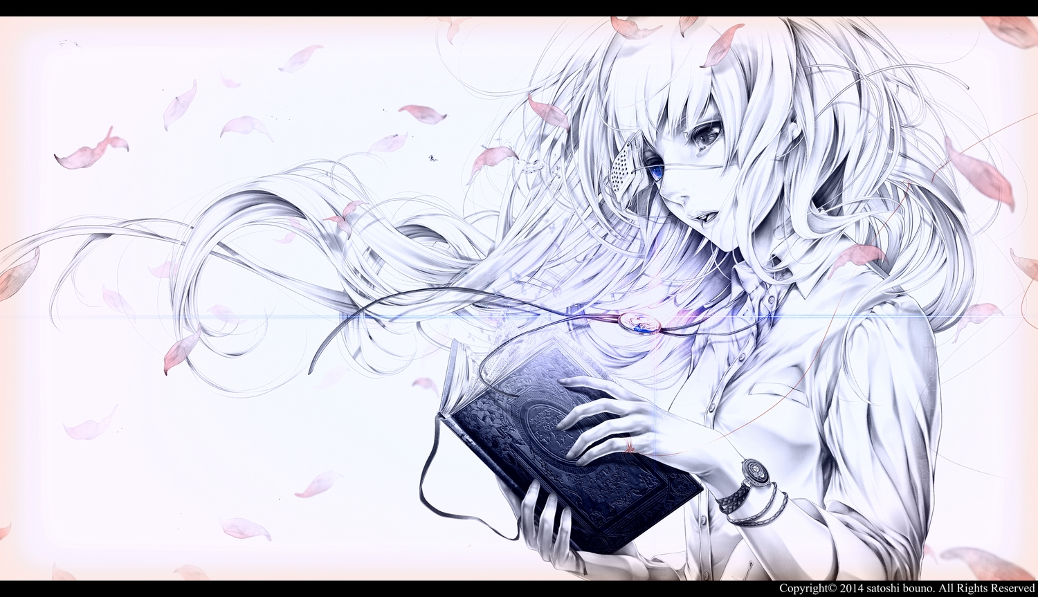 bandaid, bicolored_eyes, book, bouno_satoshi, eyepatch, long_hair, necklace, original, petals, polychromatic, tears, watermark, white, white_hair