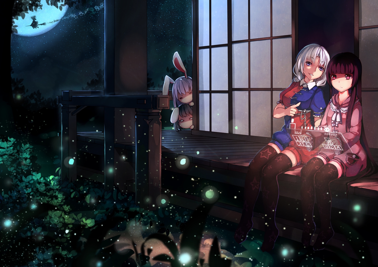 animal_ears, bunny_ears, bunnygirl, group, hei_yan-m82a1, houraisan_kaguya, inaba_tewi, kirisame_marisa, night, reisen_udongein_inaba, stars, thighhighs, touhou, witch, yagokoro_eirin