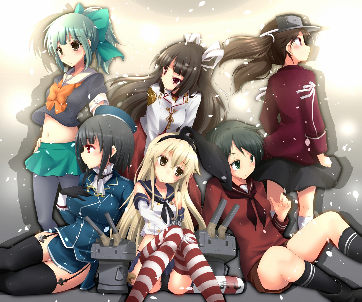anthropomorphism, black_hair, blonde_hair, bow, elbow_gloves, gloves, gray_hair, group