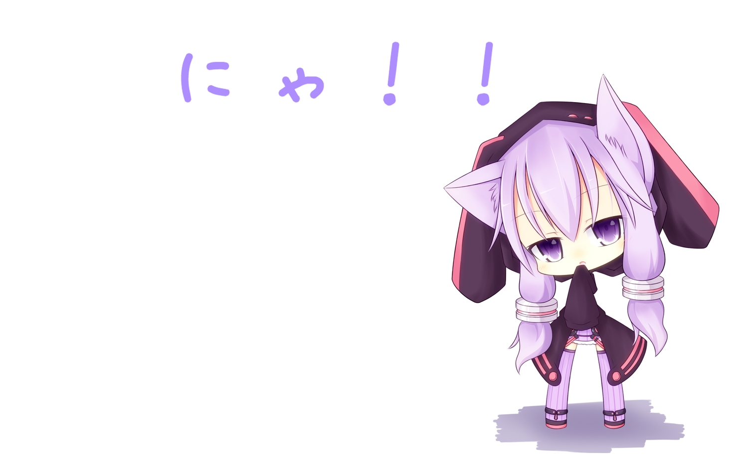 animal_ears, catgirl, chibi, hood, miiya_(kuroi_hako), purple_eyes, purple_hair, thighhighs, vocaloid, voiceroid, white, yuzuki_yukari