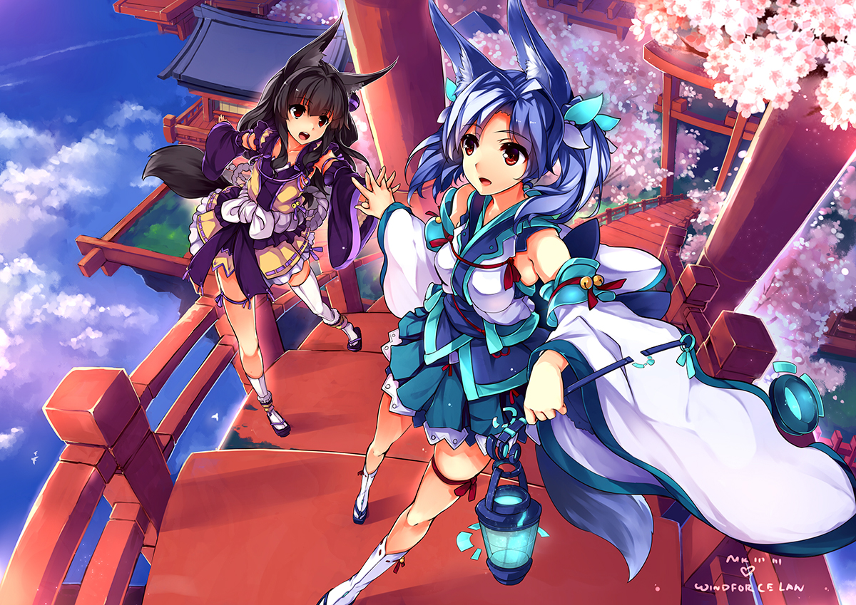 2girls, animal_ears, black_hair, blue_hair, brown_eyes, cherry_blossoms, flowers, japanese_clothes