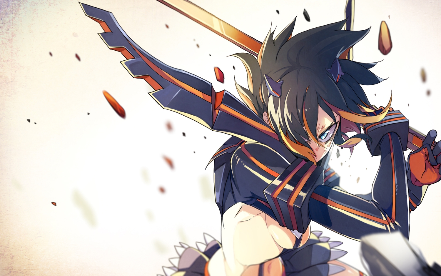 armor, black_hair, blue_eyes, breasts, kill_la_kill, matoi_ryuuko, short_hair, skirt, sugi_koutarou, sword, underboob, weapon