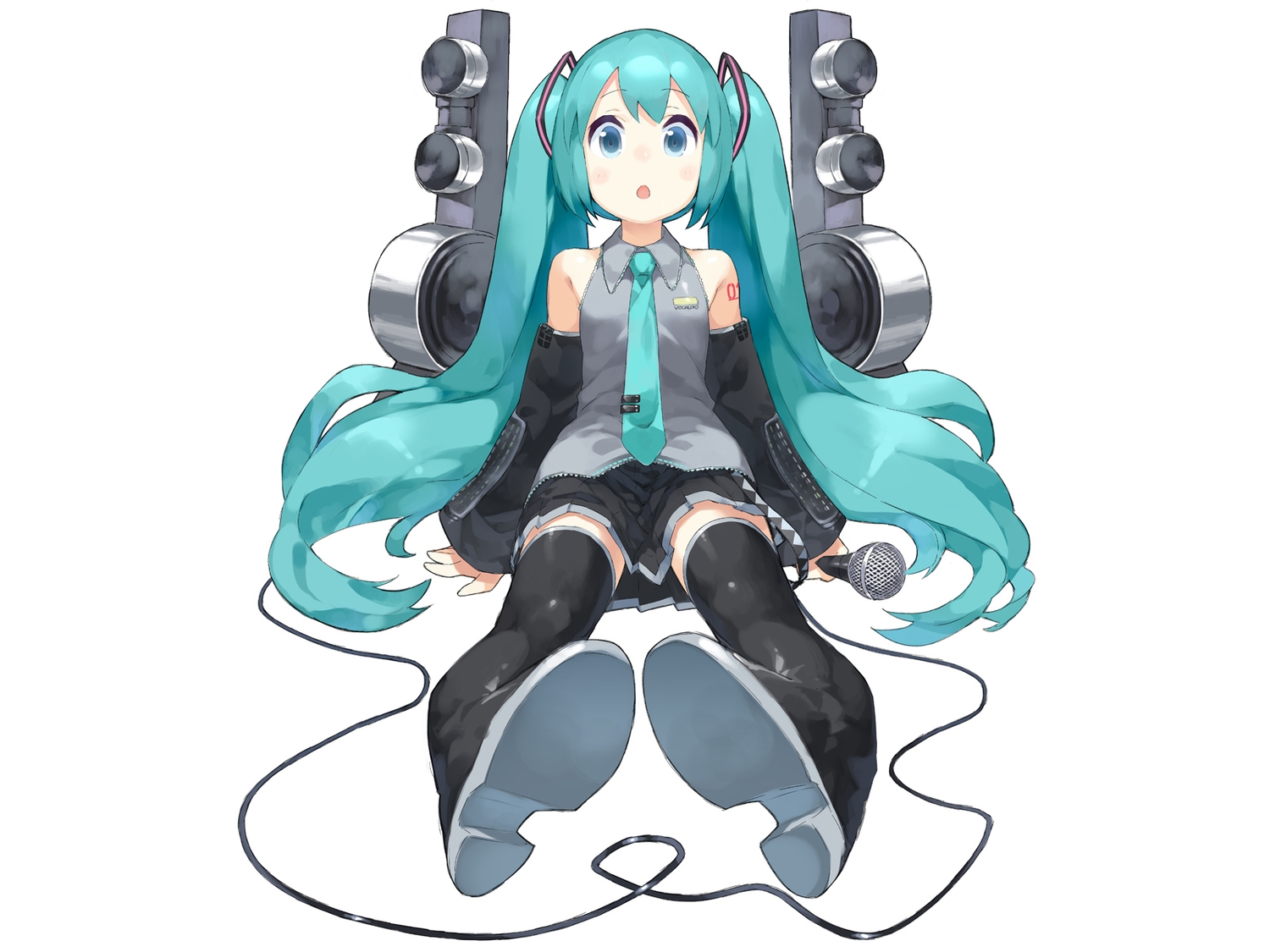 aqua_hair, hatsune_miku, long_hair, microphone, thighhighs, tie, twintails, vocaloid, yasu