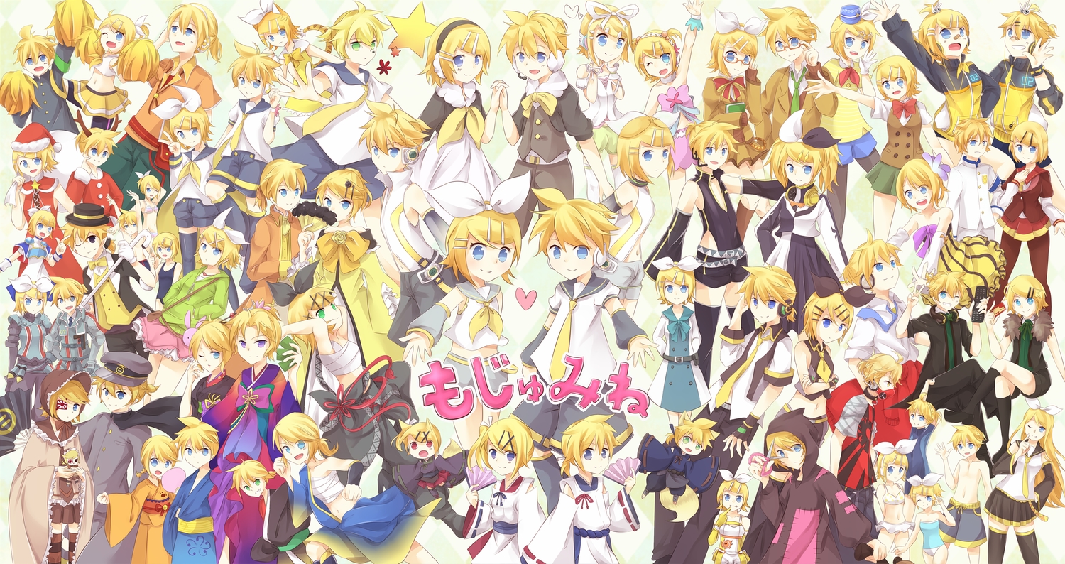 animal_ears, armor, bandaid, black_eyes, blonde_hair, blue_eyes, bow, cape, catgirl, cheerleader, choker, earmuffs, elbow_gloves, eyepatch, fan, fire_flower_(vocaloid), gemini_(vocaloid), glasses, gloves, group, hat, headphones, heart, horns, japanese_clothes, kagamine_len, kagamine_rin, long_hair, male, mipi, navel, project_diva, ribbons, santa_costume, santa_hat, senbon-zakura_(vocaloid), short_hair, shorts, skirt, story_of_evil_(vocaloid), tail, tie, translation_request, unhappy_refrain_(vocaloid), uniform, vocaloid, wink, wristwear