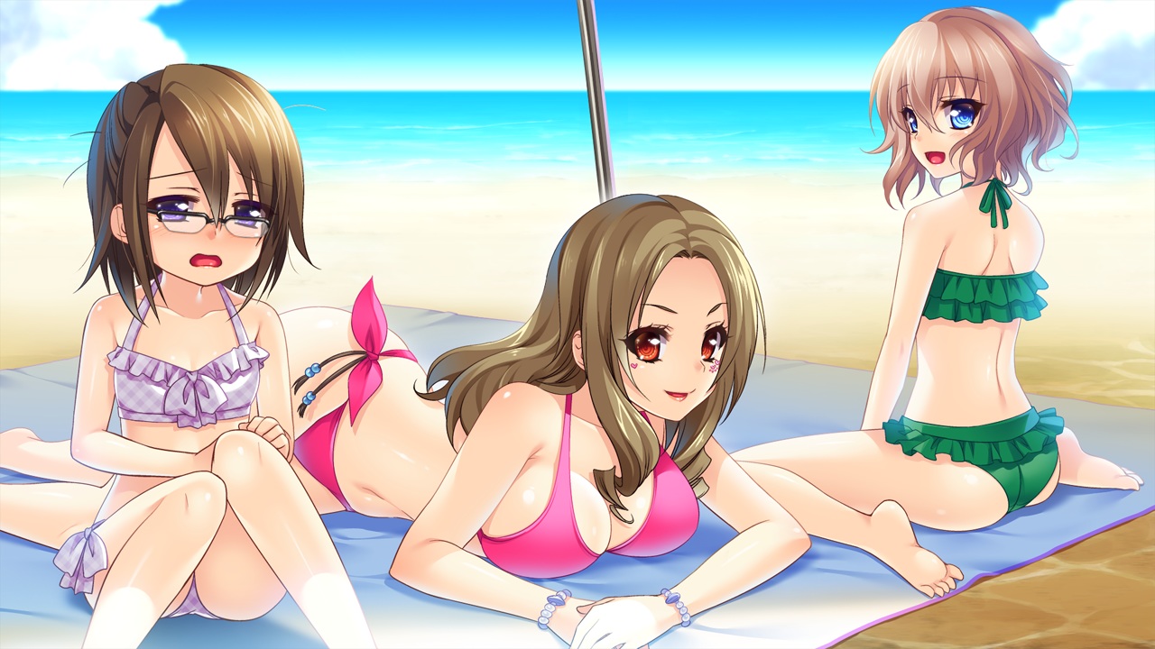 amagai_yukino, beach, blue_eyes, brown_hair, candysoft, game_cg, glasses, loli, long_hair, murata_kaho, navel, ootomo_chiyo, purple_eyes, short_hair, swimsuit, tagme_(character), tsuyokiss_next