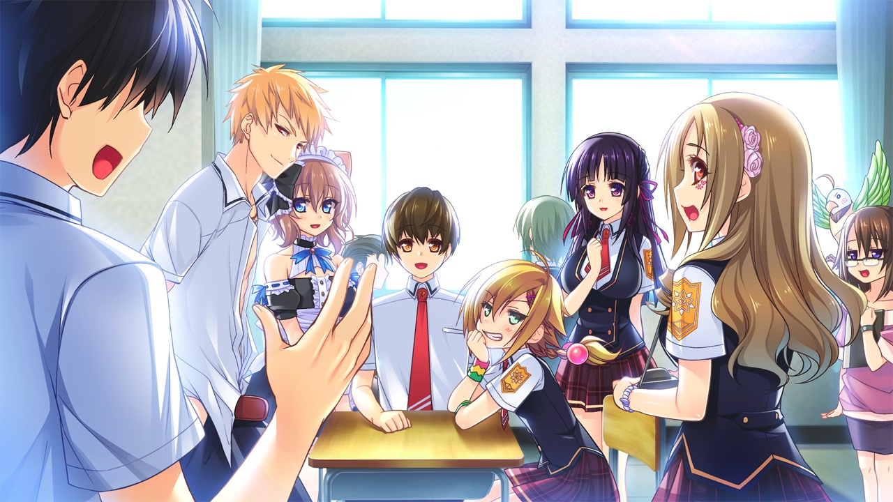 amagai_yukino, animal, bird, candysoft, game_cg, glasses, group, hachimiya_yellow_de_cherish, kine_eiichi, long_hair, maid, male, murata_kaho, noel_(tsuyokiss_next), oomenomonryuuin_sumika, oono_jirou, ootomo_chiyo, otoko_no_ko, purple_eyes, purple_hair, school_uniform, short_hair, tie, tsuchinaga-san, tsuyokiss_next