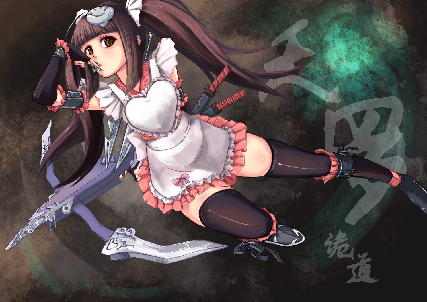 apron, bow_(weapon), brown_eyes, brown_hair, elbow_gloves, gloves, knife, long_hair