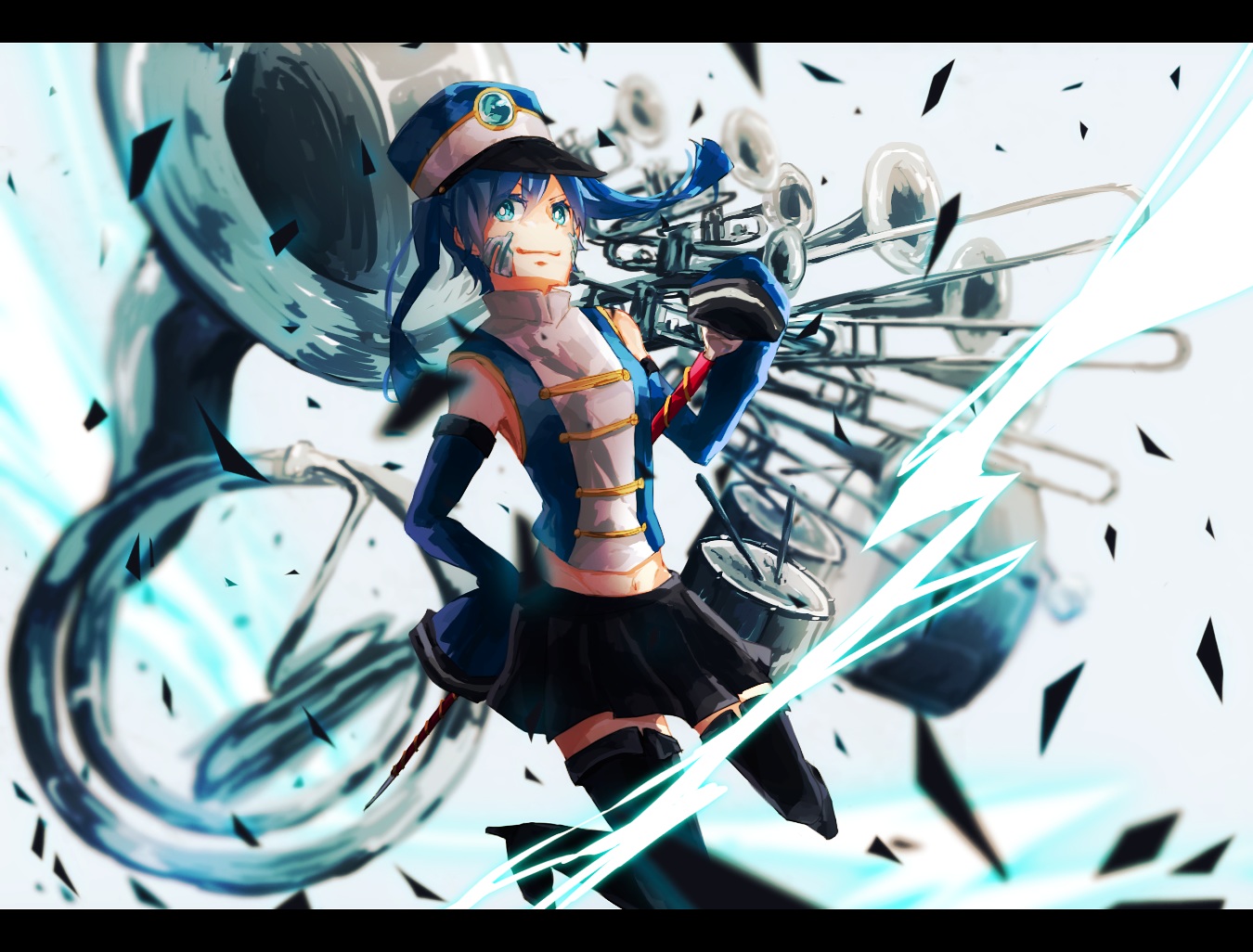 black_eyes, black_hair, boots, drums, elbow_gloves, ene_(kagerou_project), gloves, hat, instrument, kagerou_project, kokeshi_ya, short_hair, skirt