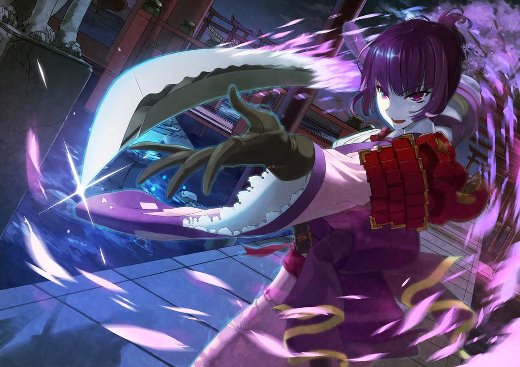 cherry_blossoms, flowers, gloves, long_hair, night, original, petals, pink_eyes, purple_hair, sword, torii, tree, u_nagi, weapon