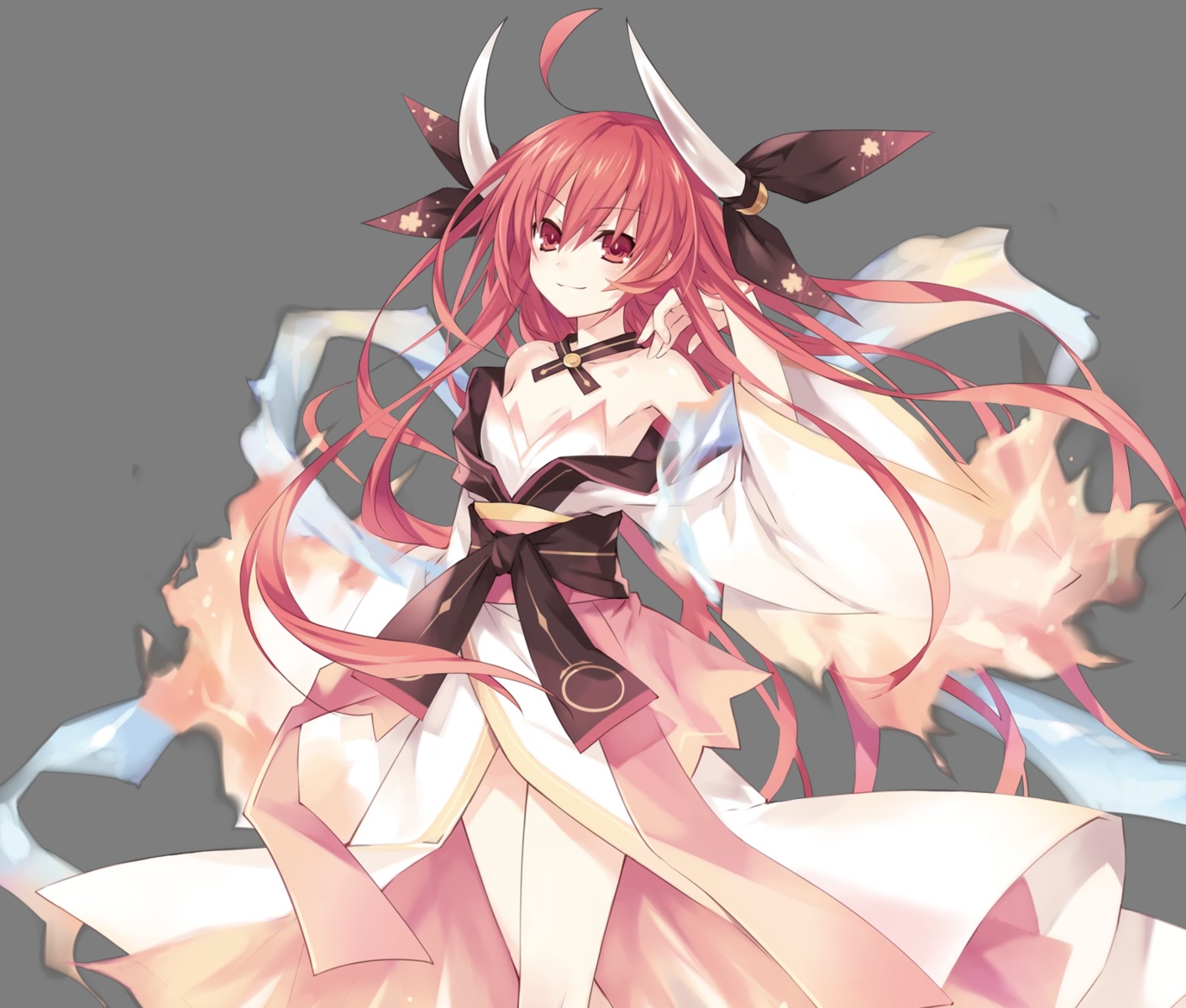 breasts, cleavage, date_a_live, horns, itsuka_kotori, long_hair, red_eyes, red_hair
