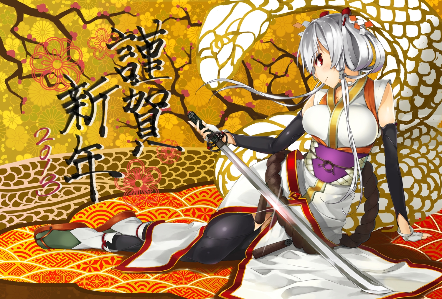 animal, elbow_gloves, gloves, gray_hair, japanese_clothes, katana, long_hair, original, red_eyes, snake, sword, thighhighs, u_nagi, weapon