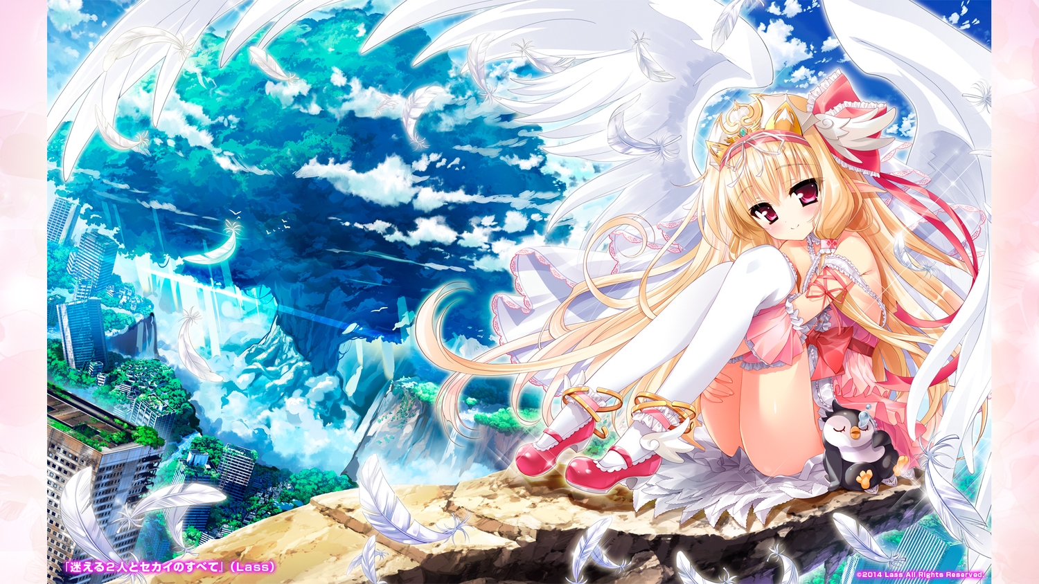 blonde_hair, clouds, feathers, lass, loli, mayoeru_futari_to_sekai_no_subete, vier, wings