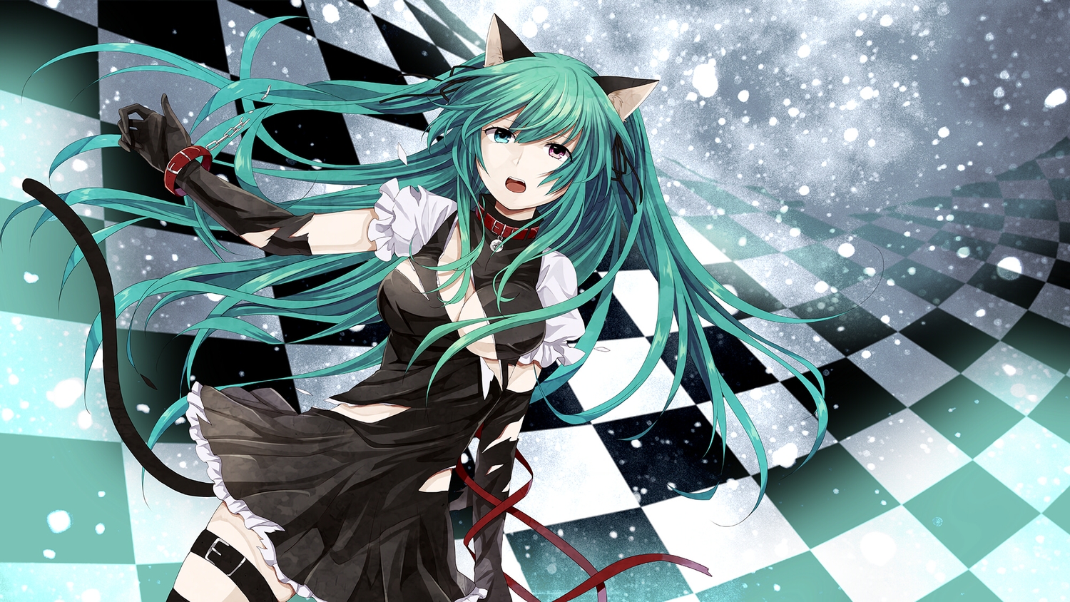 animal_ears, aqua_hair, bicolored_eyes, breasts, cleavage, collar, dress, elbow_gloves, gloves, long_hair, ribbons, snow, tail, torn_clothes, toudou_charo, utau, wristwear