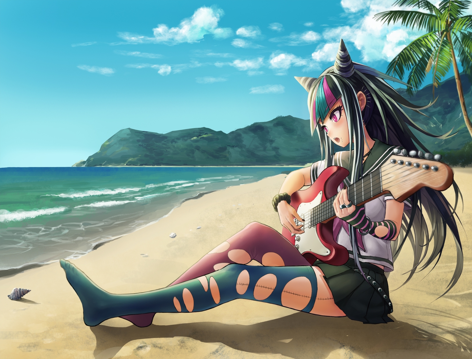 beach, black_hair, clouds, dangan-ronpa, dangan-ronpa_2, drogoth, guitar, horns, instrument, long_hair, mioda_ibuki, pink_eyes, skirt, thighhighs, torn_clothes, tree, water