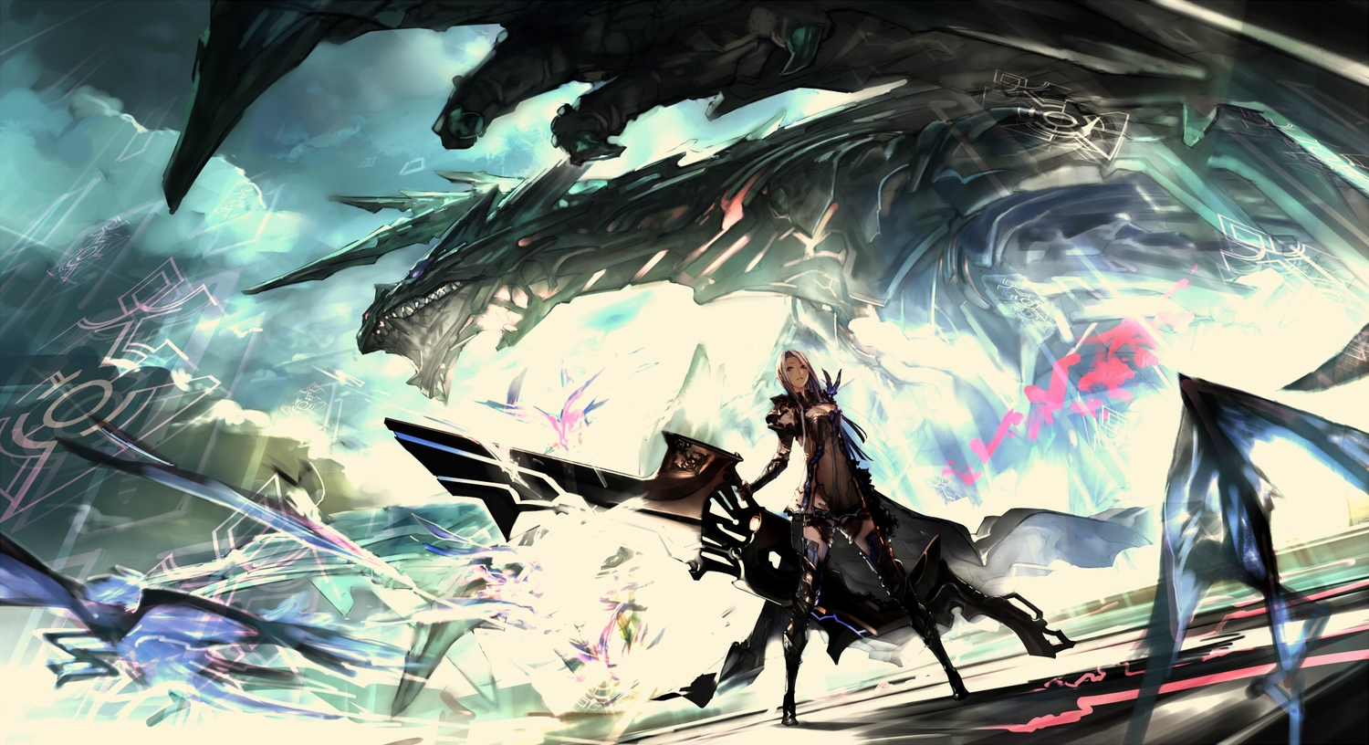 armor, cape, dragon, gorilla_(mushimushiland), long_hair, original, thighhighs, weapon