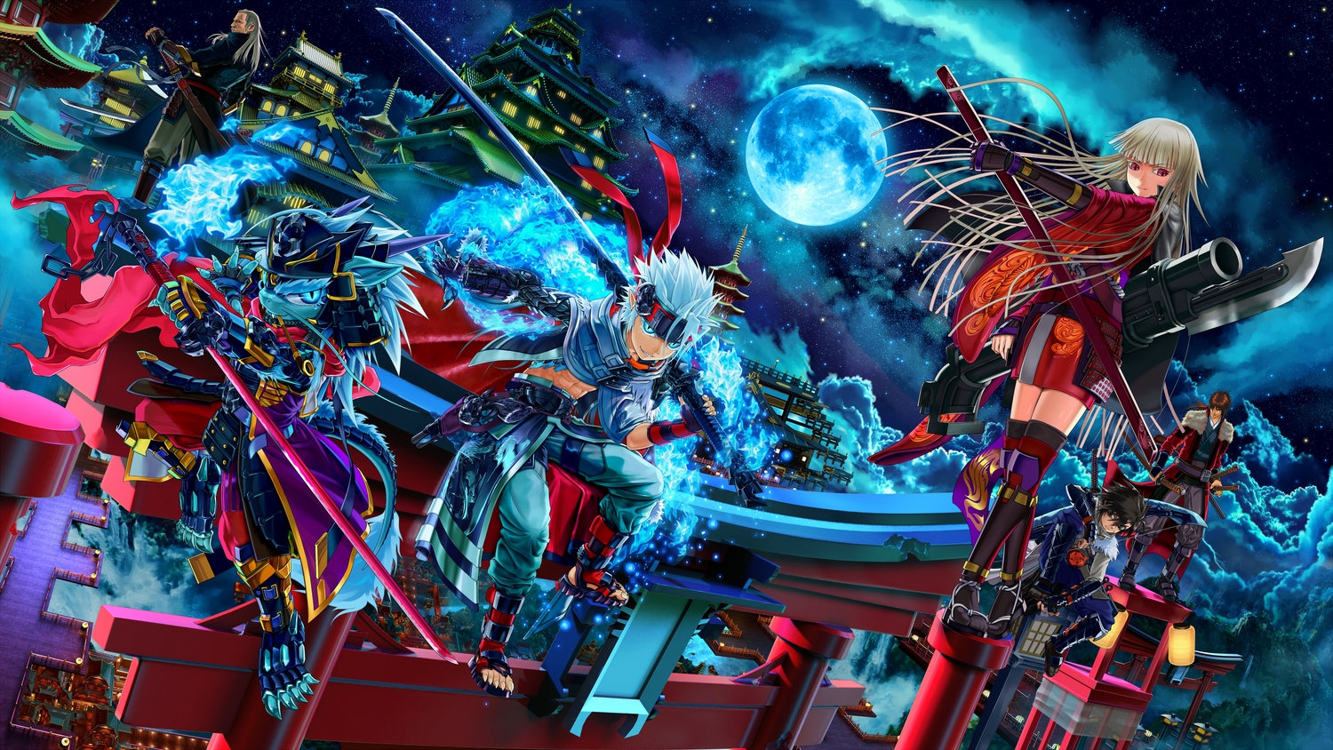 animal_ears, armor, black_hair, blonde_hair, blue_eyes, blue_hair, boots, bow_(weapon), brown_eyes, brown_hair, building, city, clouds, fang, fire, gray_hair, group, gun, headband, jpeg_artifacts, katana, long_hair, male, moon, night, original, pointed_ears, red_eyes, short_hair, sword, tail, thighhighs, torii, usui_no_ken, water, waterfall, weapon