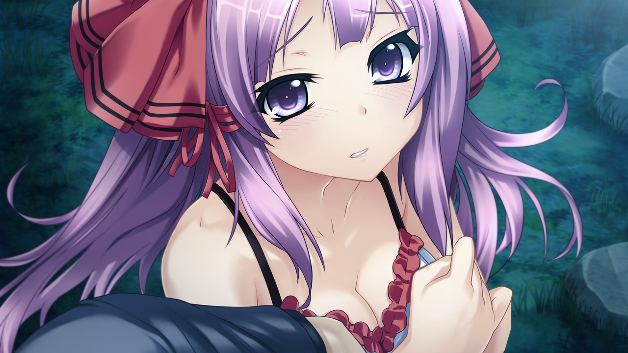 barefoot, blush, breasts, cleavage, game_cg, garden_soft, grass, long_hair