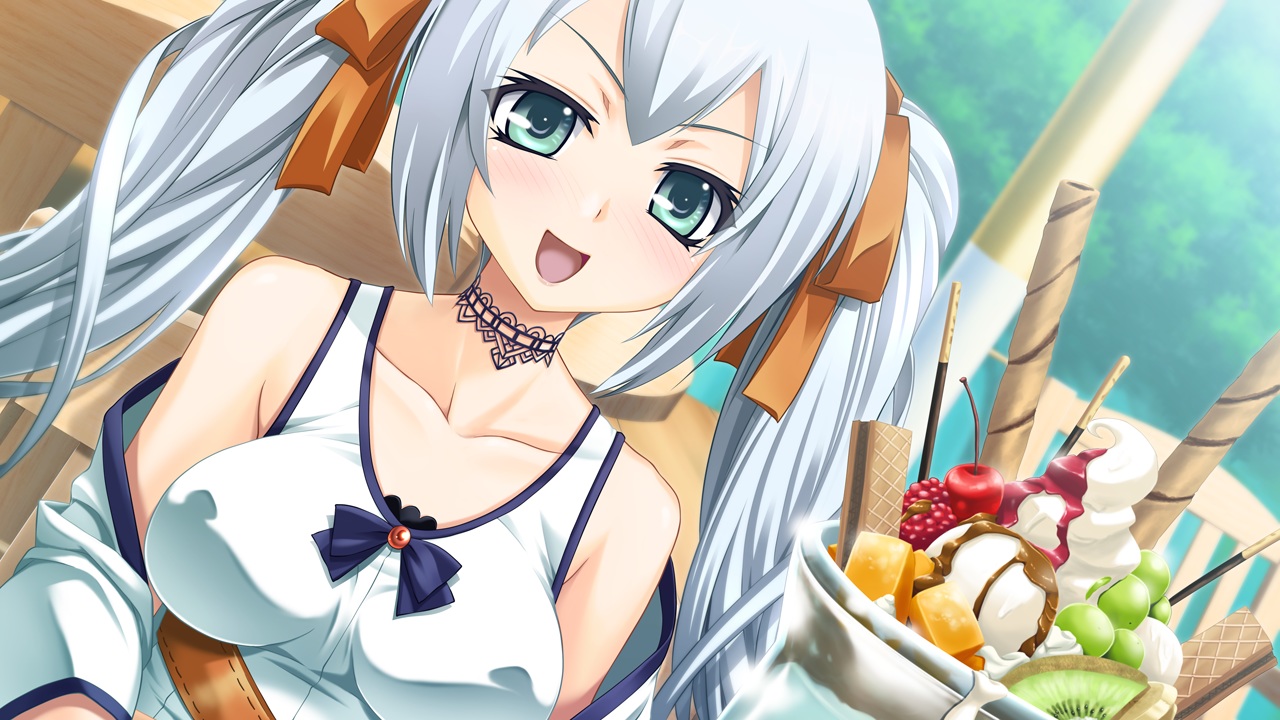 atou_ai, food, fruit, game_cg, garden_soft, ice_cream, long_hair, love_replica, pocky, takada_kazuhiro, twintails