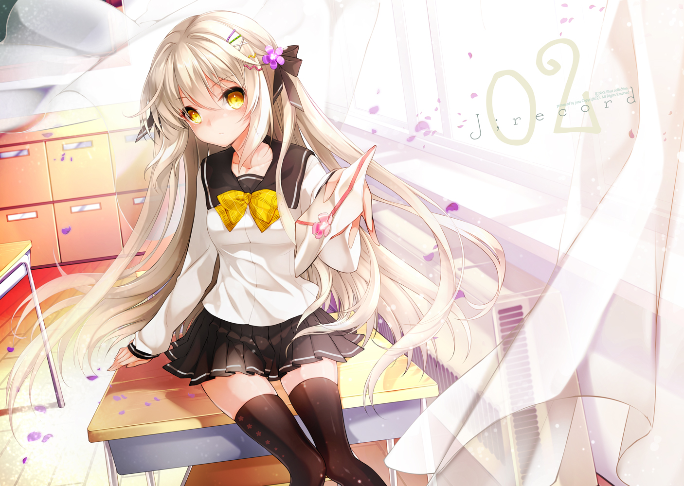 bow, juna, long_hair, original, school_uniform, thighhighs, watermark, white_hair, yellow_eyes