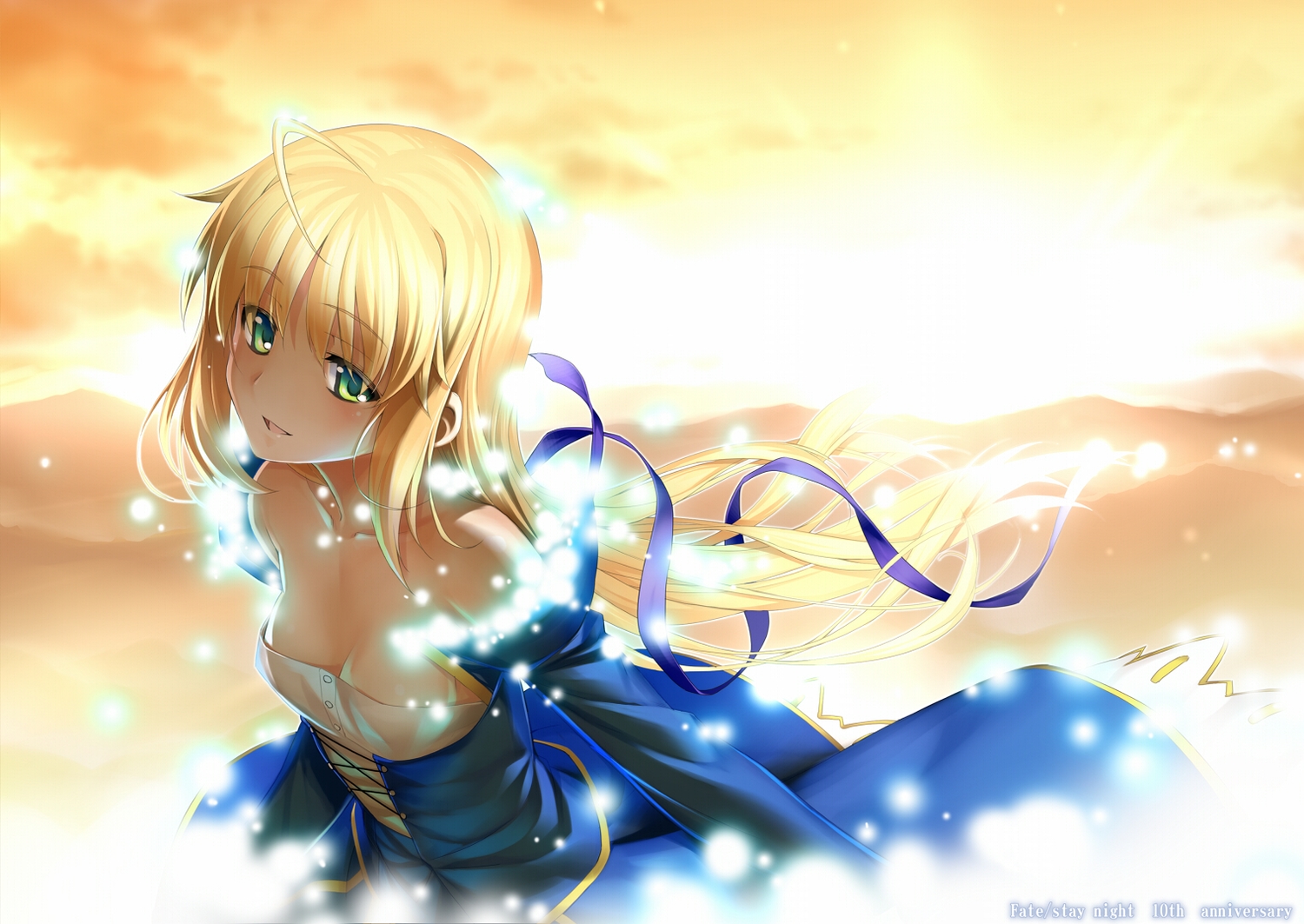 artoria_pendragon_(all), blonde_hair, breasts, cleavage, dress, fate_(series), fate/stay_night, green_eyes, namonashi, ribbons, saber
