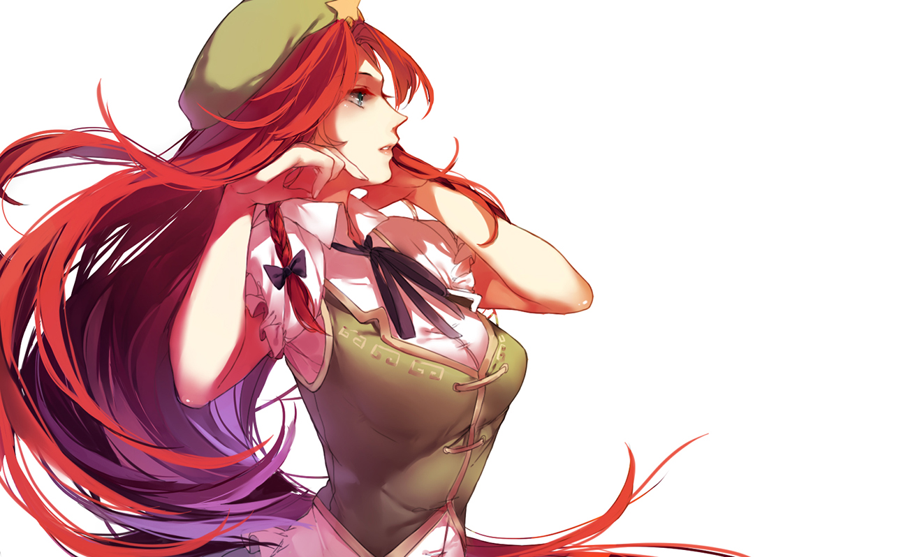 blue_eyes, bow, hat, hong_meiling, hug_(yourhug), long_hair, red_hair, touhou, white