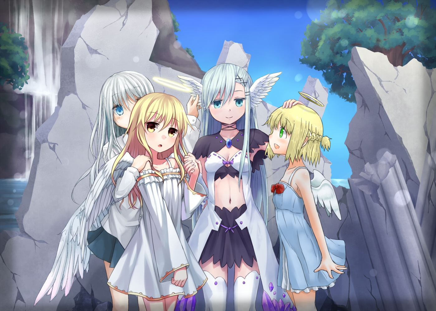 angel, blonde_hair, blue_eyes, dress, green_eyes, group, halo, long_hair, navel, original, short_hair, skirt, summer_dress, thighhighs, white_hair, wings, yellow_eyes, yuyuzuki_(yume_usagi)