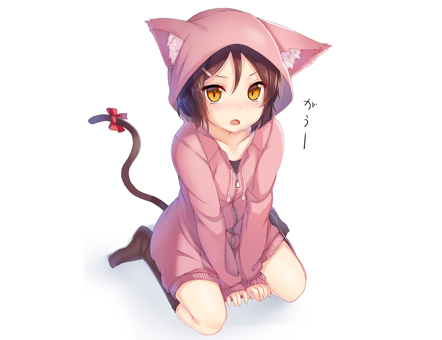 animal_ears, blush, bow, brown_hair, catgirl, fang, hood, kneehighs, original, peroperoairu, short_hair, white, yellow_eyes