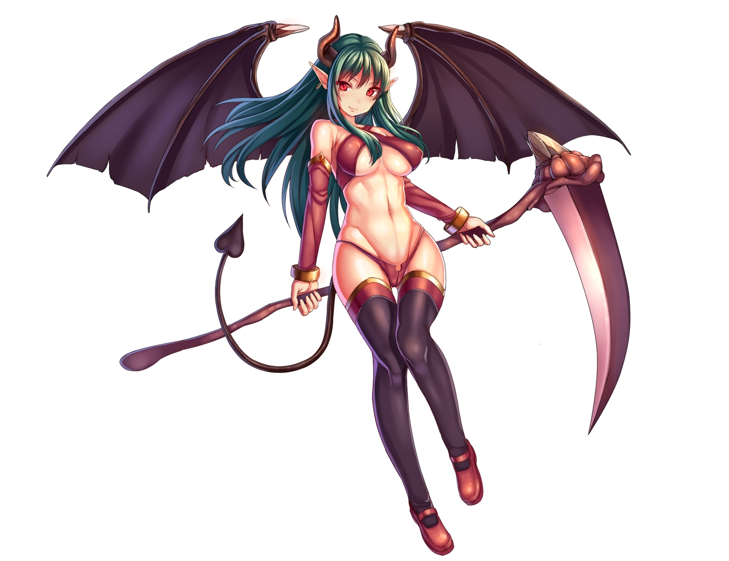 breasts, cleavage, demon, green_hair, jpeg_artifacts, long_hair, navel, original, peroperoairu, pointed_ears, red_eyes, scythe, succubus, tail, thighhighs, weapon, white, wings