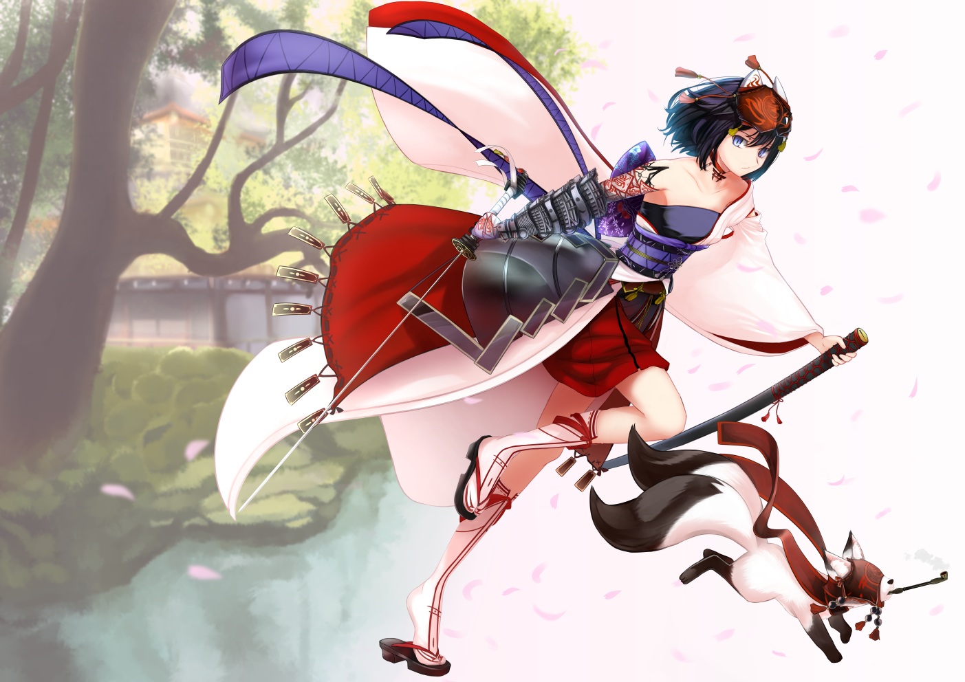 animal, armor, black_hair, blue_eyes, fox, japanese_clothes, katana, kneehighs, mask, original, pen_(pixiv257621), short_hair, sword, weapon
