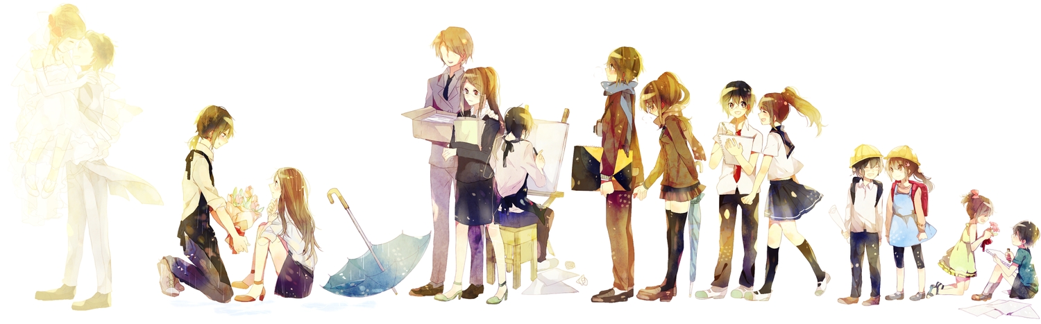 brown_eyes, brown_hair, flowers, glasses, kneehighs, lingmuzi, long_hair, male, original, paper, ponytail, school_uniform, short_hair, skirt, suit, thighhighs, tie, umbrella, wedding_attire