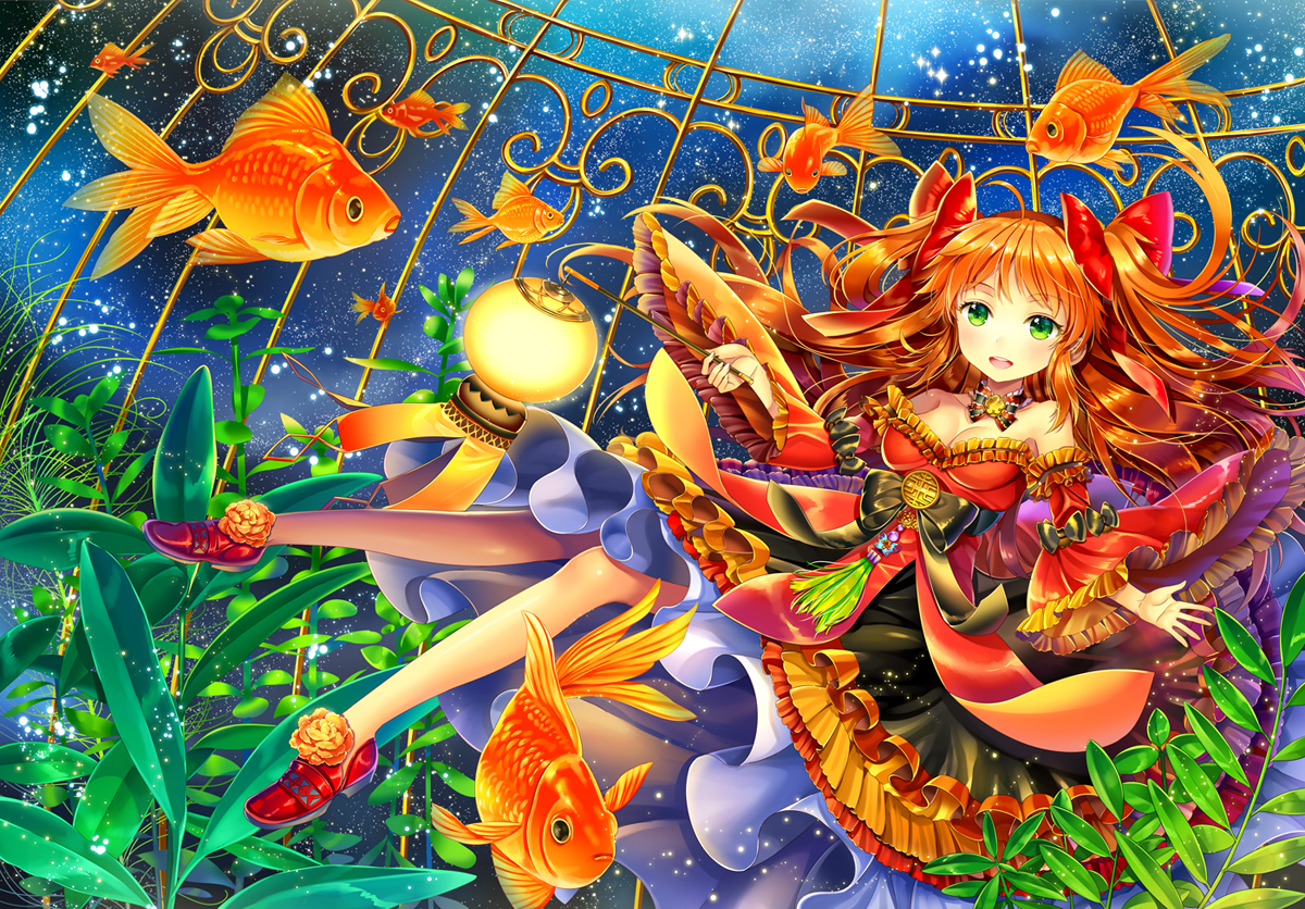animal, bow, choker, dress, ells, fish, green_eyes, long_hair, orange_hair, original