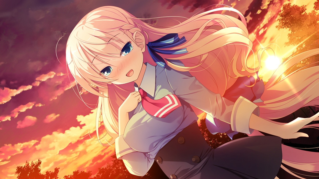 blonde_hair, blue_eyes, game_cg, kimi_to_boku_to_no_kishi_no_hibi, long_hair, piriri!, saionji_kei, sunset