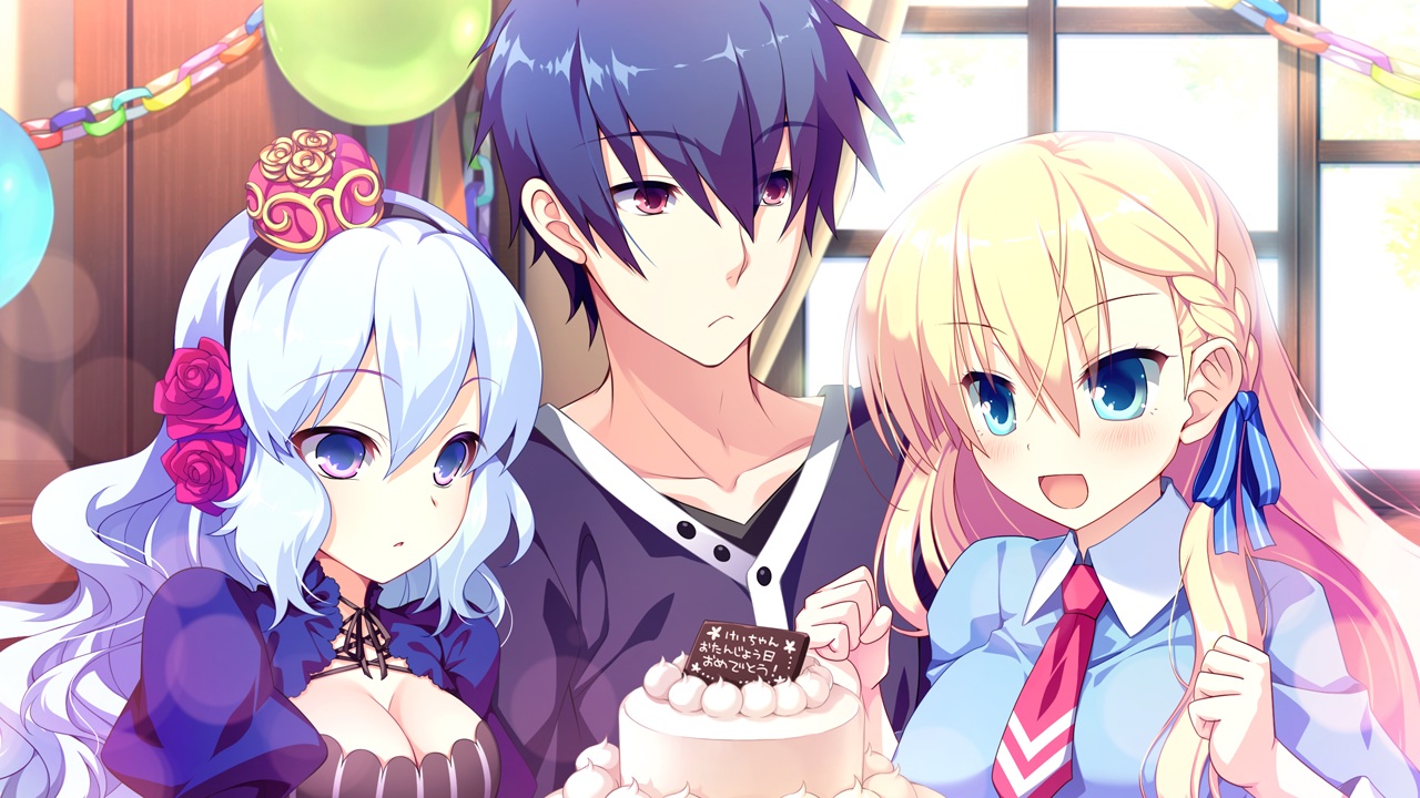 black_hair, blonde_hair, blue_eyes, breasts, cake, cleavage, food, game_cg