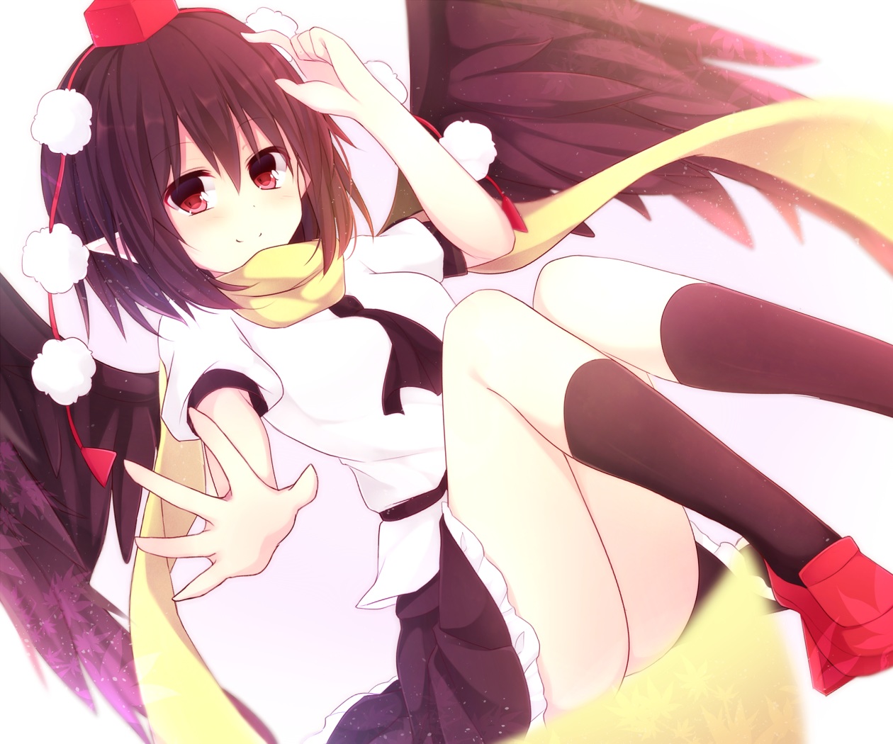 brown_hair, hat, kneehighs, komomo_(ptkrx), red_eyes, scarf, shameimaru_aya, short_hair