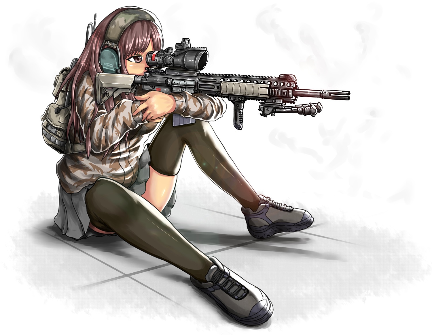 brown_eyes, brown_hair, gun, headphones, long_hair, military, original, roadrunner, skirt, thighhighs, weapon, white