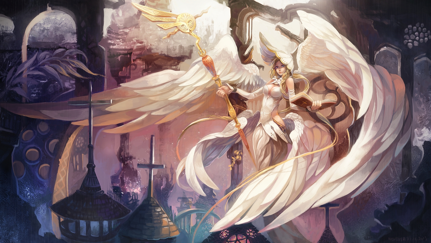 angel, blonde_hair, blue_eyes, book, breasts, building, cleavage, cross, dress, long_hair, meniusa, original, staff, wings