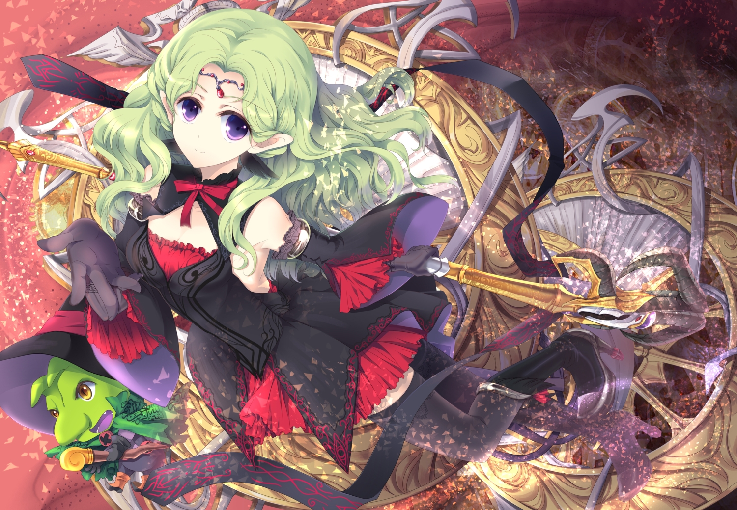 boots, dress, elbow_gloves, gloves, green_hair, ju, long_hair, original, pointed_ears, purple_eyes, thighhighs, tiara, weapon