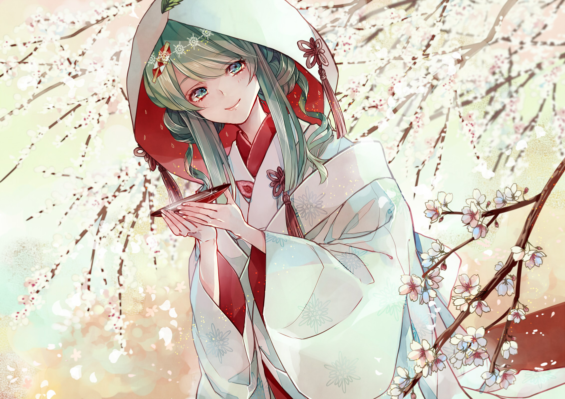 aqua_hair, blue_eyes, drink, flowers, hatsune_miku, japanese_clothes, kimono, mikuni_(mikunik), petals, vocaloid, wedding_attire, yuki_miku