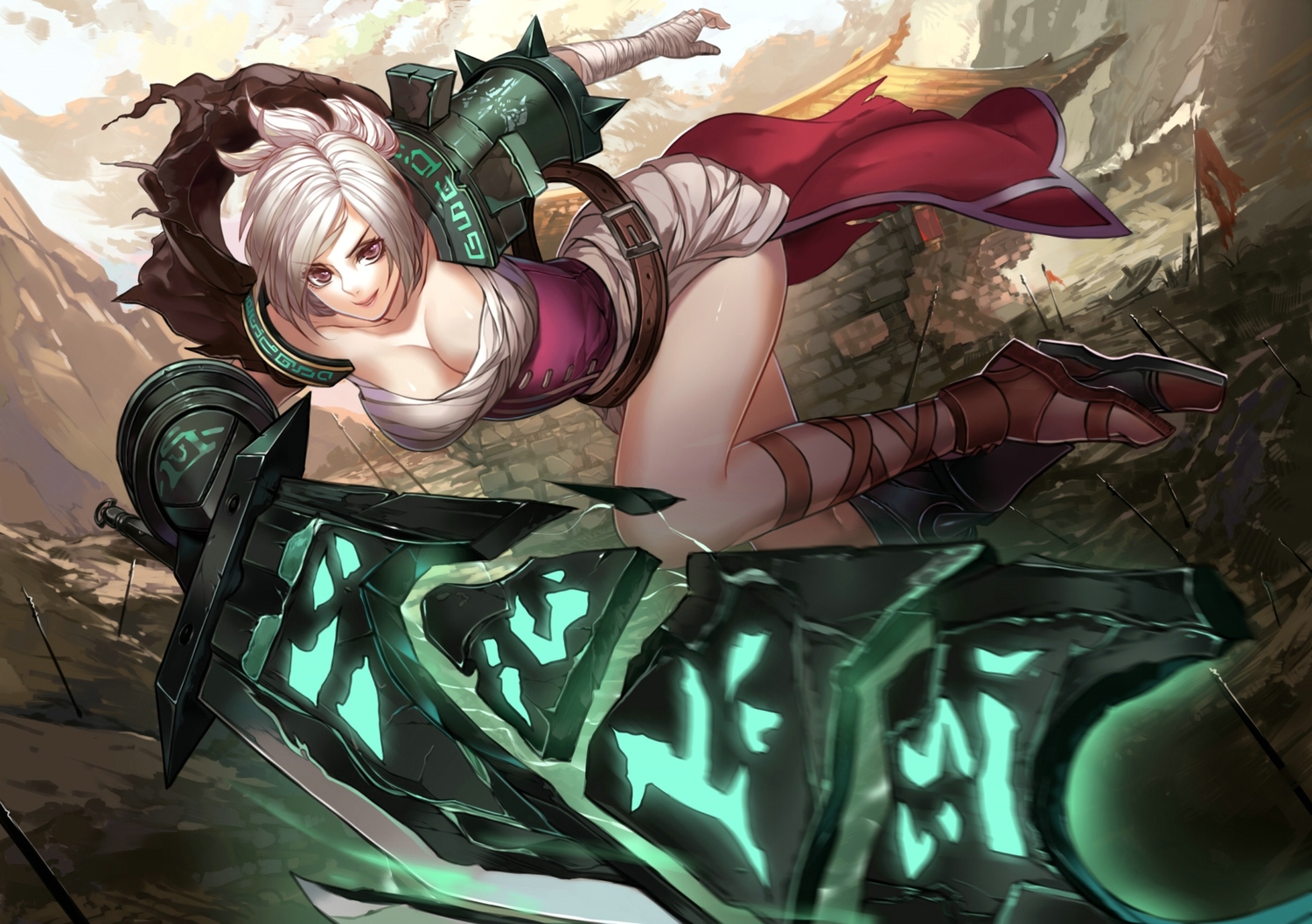 bandage, breasts, cleavage, league_of_legends, liuruoyu8888, purple_eyes, riven_(league_of_legends), sword