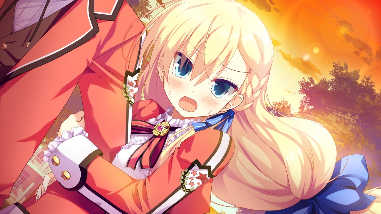 blonde_hair, blue_eyes, game_cg, hug, kimi_to_boku_to_no_kishi_no_hibi, long_hair, piriri!, saionji_kei