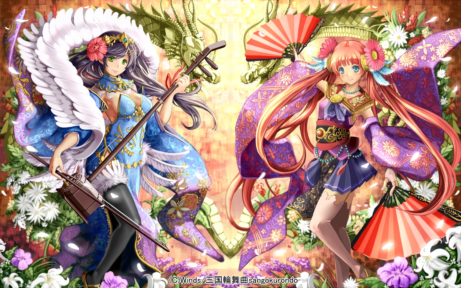 2girls, chinese_clothes, chinese_dress, dress, fan, flowers, i-la, long_hair