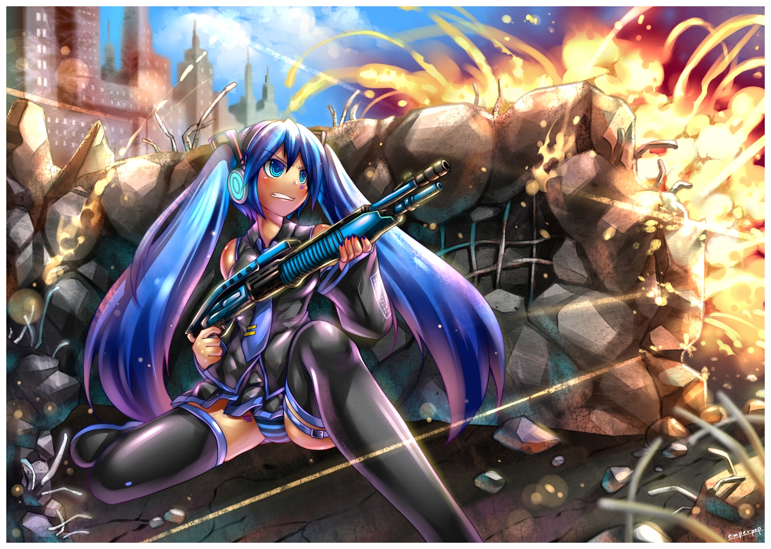 all_points_bulletin, emperpep, gun, hatsune_miku, panties, spread_legs, striped_panties, underwear