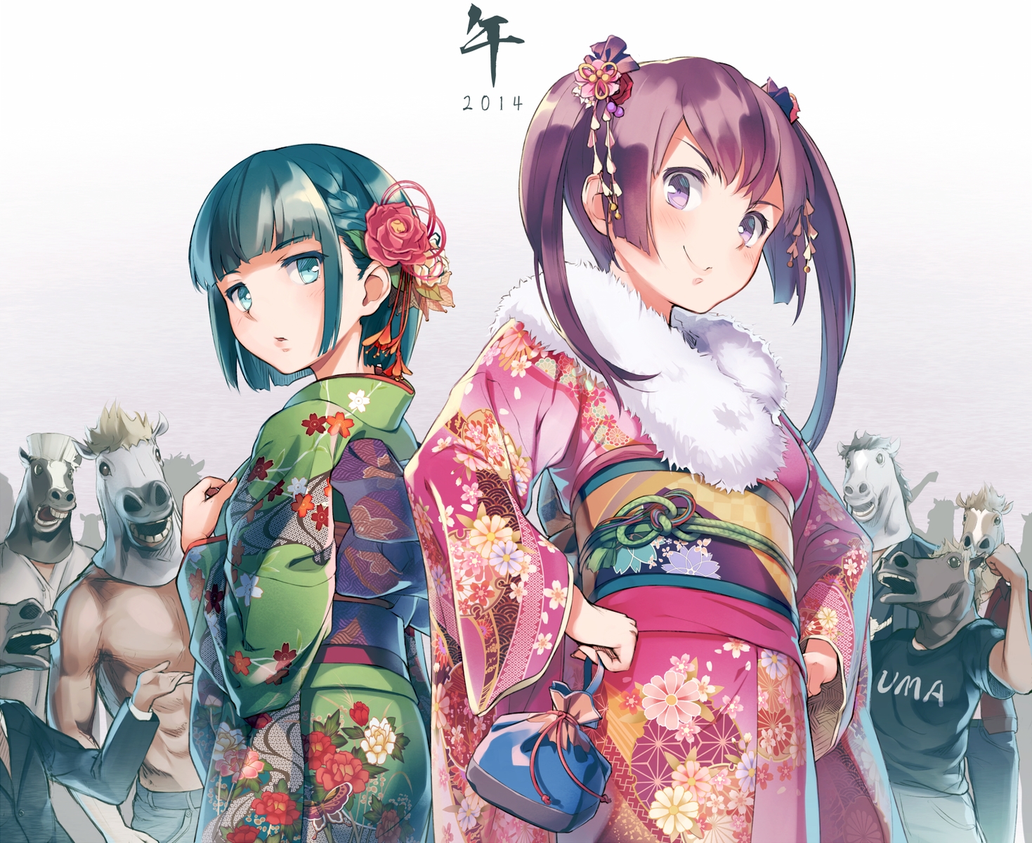 blue_eyes, blue_hair, blush, brown_hair, group, japanese_clothes, kimono, male
