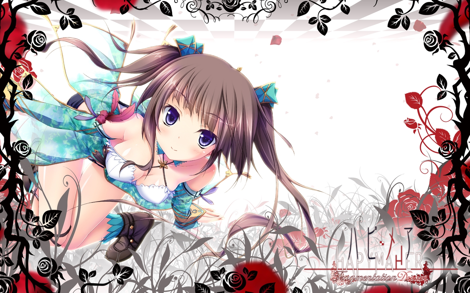 breasts, brown_hair, cleavage, hapymaher, hirasaka_keiko, long_hair, purple_eyes, purple_software