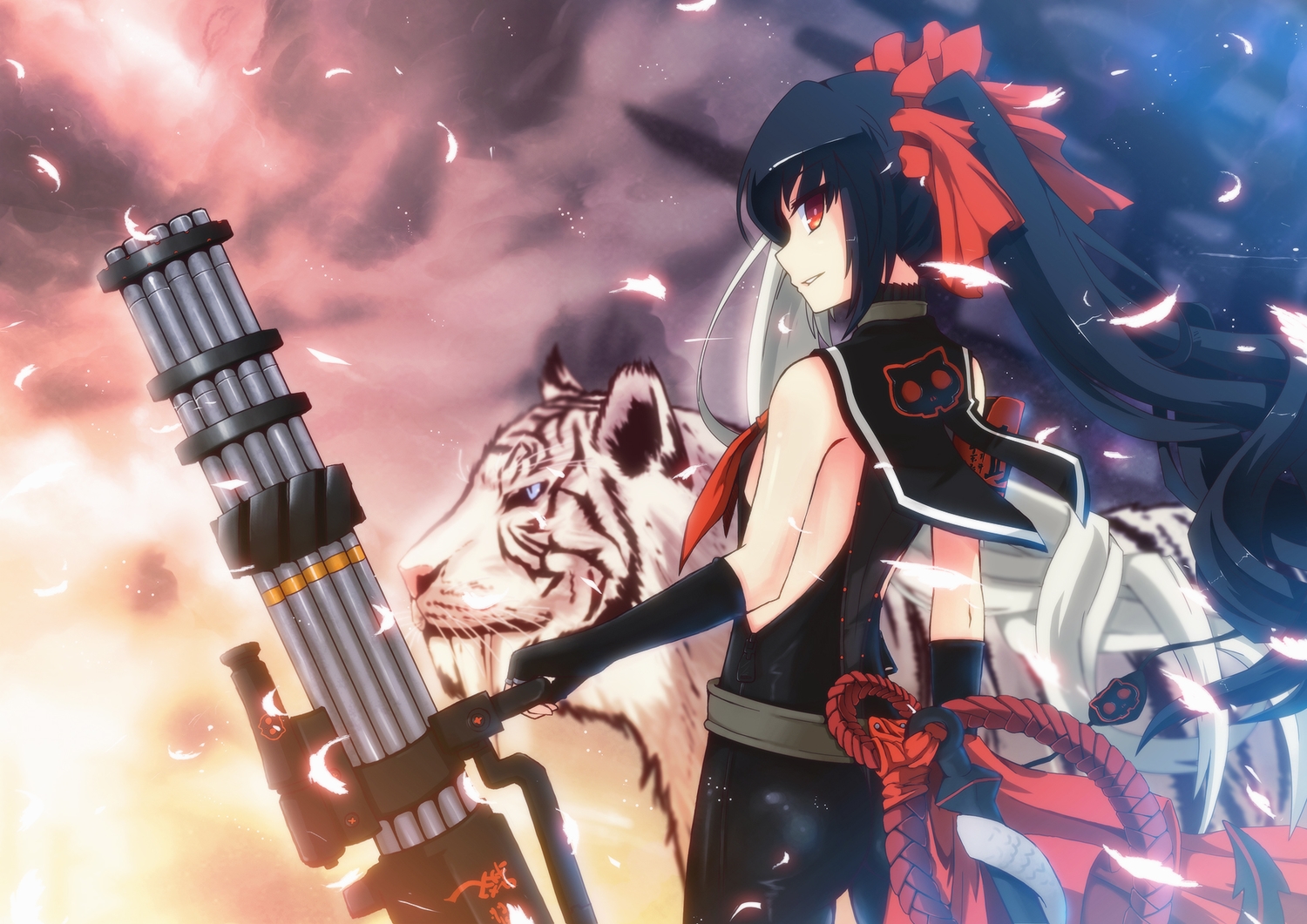 animal, black_hair, blade_&_soul, elbow_gloves, feathers, gloves, gun, long_hair